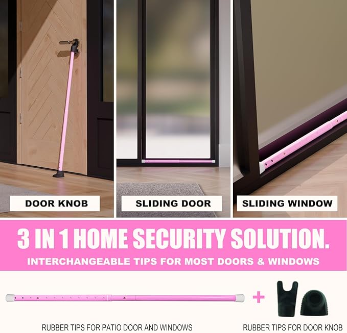 SECURITYMAN 3-in-1 Door Security Bar & Sliding Door Security Bar - Withstands 400lbs of Force - Door Jammer Constructed of High Grade Iron - Pink Door Stoppers - Patio, Window, Hinged Doors