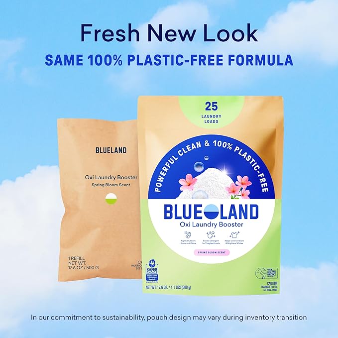 BLUELAND Oxi Laundry Booster Powder Refill 2-Pack, Spring Bloom Scent, 50 Loads, 35.2 oz, Plastic-Free, Eco Friendly, Oxy Cleaner, Stain Remover
