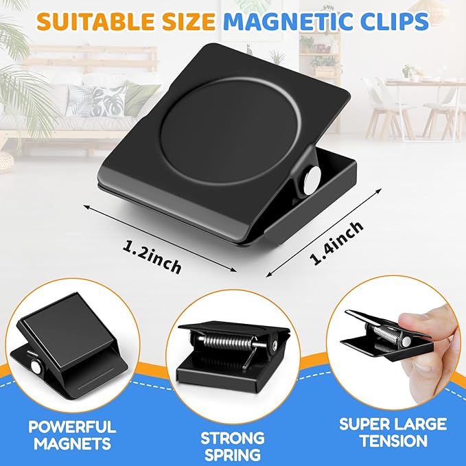 Grtard 12 Pack Magnetic Clips Heavy Duty, White Magnet Clips for Fridge, Refrigerator Magnets, Strong Magnetic Clip,Scratch Free Magnets with Clip for Refrigerator, Whiteboard, Cruise, Locker (Black)