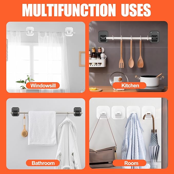 No Drill Curtain Rod Brackets No Drilling Holder 40LB - Renter Friendly Self Adhesive Hooks for Apartment Dorm Classroom Essentials Decor Hanging Drapes Rv Over Blinds Kitchen Bedroom Home