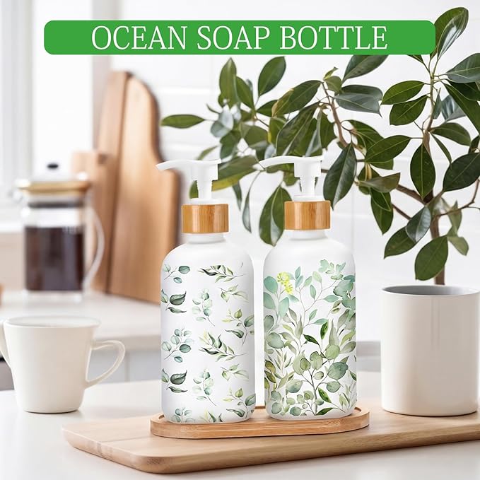 Potchen 2 Pack Glass Soap Dispenser Set Bathroom Decor Housewarming Gift Glass Soap Dispenser with Pump Wood Tray Home Decoration for Kitchen Bathroom (Eucalyptus)