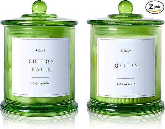 Qtip Holder & Cotton Pad Dispenser, Bathroom Organizer and Storage Canisters, 16oz Glass Apothecary Jars for Kitchen, Restroom - Home Decor Accessories, Room Decor Aesthetic (2 Pack, Green)