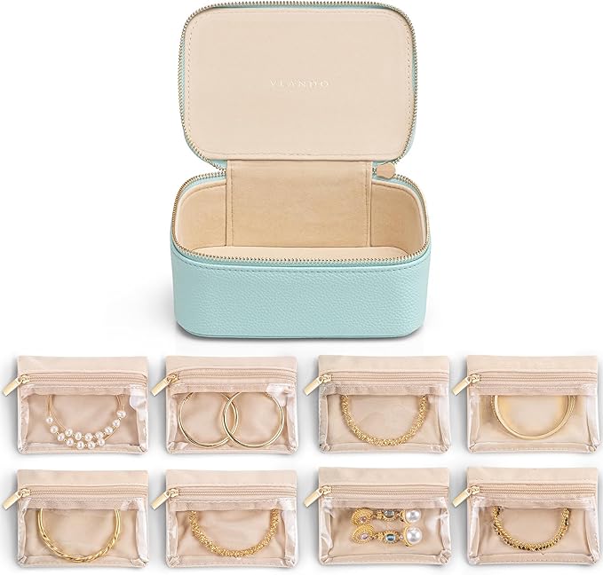 Vlando Jewelry Travel Case,Travel Jewelry Organizer with Clear Velvet Jewelry Bags 8Pcs Zipper Pouch for Women Girl GiftLake Blue