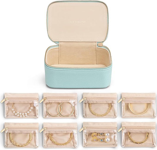 Vlando Jewelry Travel Case,Travel Jewelry Organizer with Clear Velvet Jewelry Bags 8Pcs Zipper Pouch for Women Girl GiftLake Blue