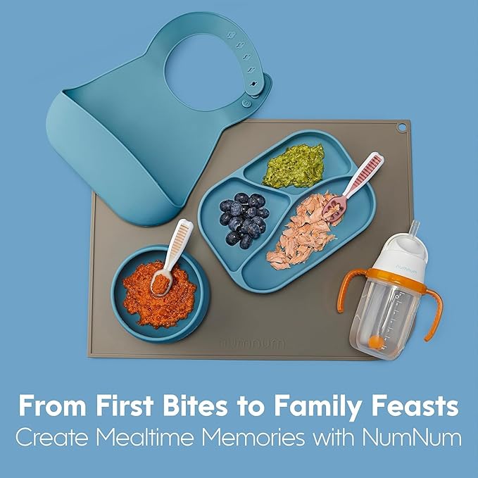 NumNum Baby Spoons Set, Baby Essentials Pre-Spoon GOOtensils for 6+ Months, First Stage Self-Feeding Spoons for Baby Led Weaning (BLW), Silicone Toddler Utensils, BPA-Free, 2 Pack Blue/Yellow