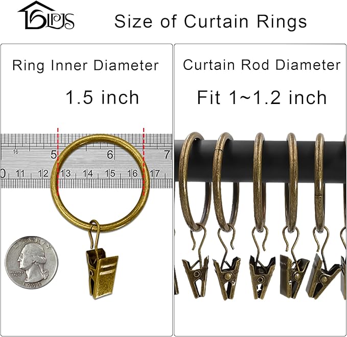 60 Pack Metal Curtain Rings with Clips, Curtain Clip Rings Hooks for Hanging Drapery Drapes Bows, Curtain Rod Rings 1.5 inch Interior Diameter, Bronze