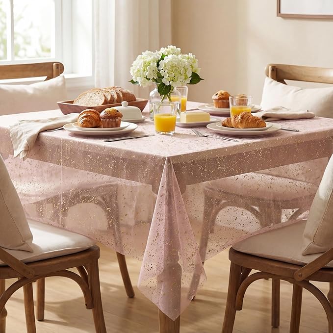 Horaldaily Pink Gold Gauze Tablecloth 52x70 Inch Rectangular, Golden Sequin Glitter Metallic Foil, Sheer Tulle Cheesecloth for Wedding Baby Shower Ceremony Birthday
