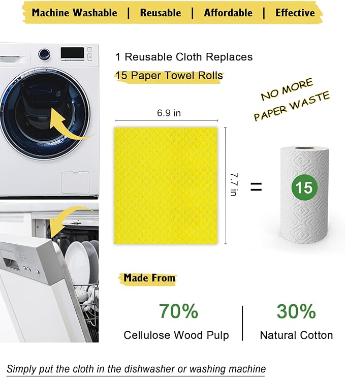 MoLKENE Swedish Dishcloths for Kitchen | 6 Pack Absorbent Cellulose Sponge Cloths Washable | Non-Scratch Reusable Paper Towels Quick Drying Cleaning Cloths - Yellow