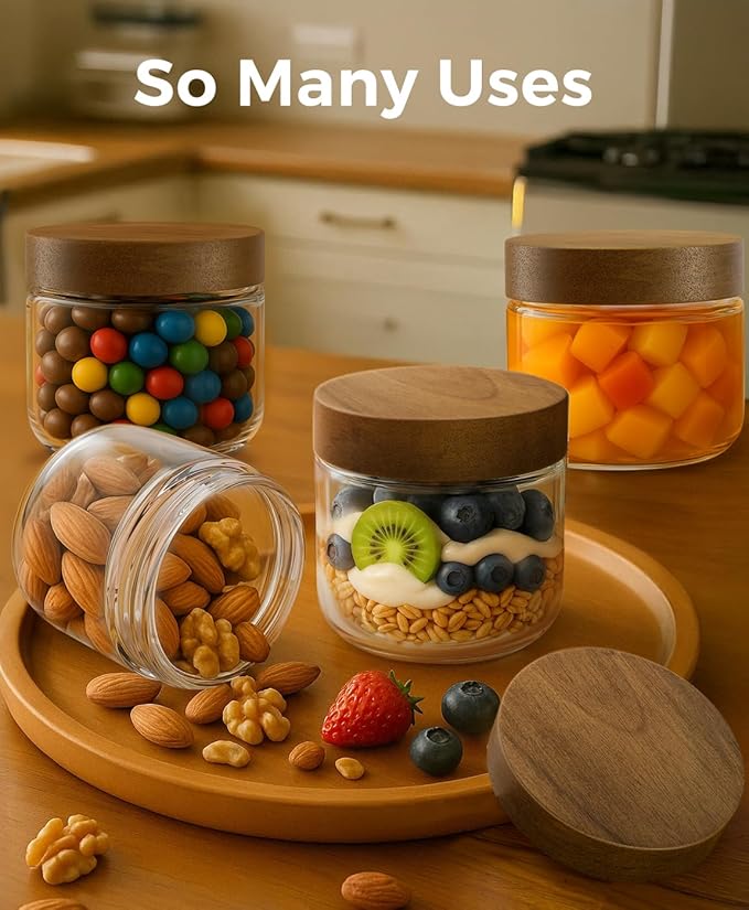 10oz 6 Pack Overnight Oats Containers with Lids, Glass Mason Jars with Acacia Wood Airtight Lids, Wide Mouth Meal Prep Storage Jars for Yogurt, Chia Pudding, Salad, Parfait, Snacks, Spice
