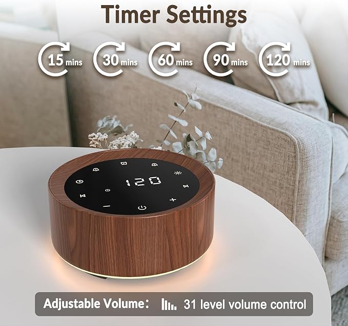 White Noise Sound Machine Alarm Clock 7 Color Night Light Sound Machine for Adult/Baby 20 Soothing Sound 31 Level Volume 6 Level Screen Brightness 5 Timer Set Memory Function Touch Control Wood Grain