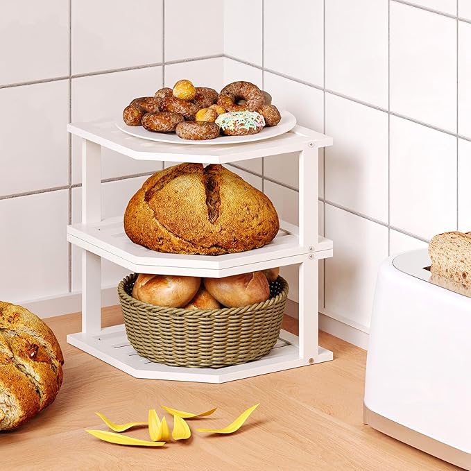Bamboo Corner Shelf (2 Pack), 2 Tier Plate Organizer for Cabinet and Countertop, Pantry Dish and Spice Rack for Kitchen (White)