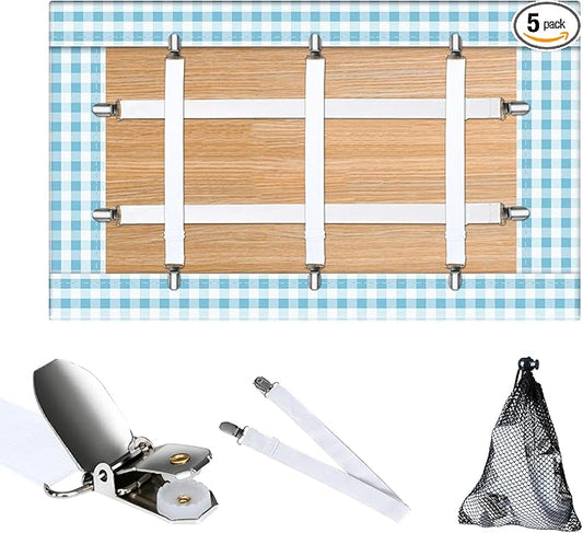 Table Cloth Holder Clips Hidden Straps 5 Pack,Adjustable Elasticity Picnic Tablecloth Clips,Large Clamps for Thick Tables Bench Cover Indoor Outdoor Party Restaurant Camping RV Essential (white)