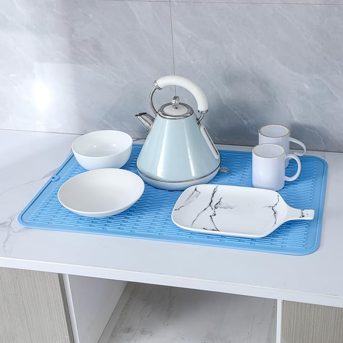 MicoYang Silicone Dish Drying Mat for Multiple Usage,Easy clean,Eco-friendly,Heat-resistant Silicone Mat for Kitchen Counter or Sink,Refrigerator or Drawer Liner Light Blue 4XL 32 inches x 18 inches