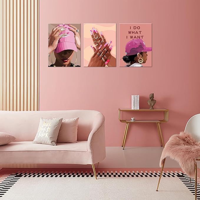 Black Girl Canvas Wall Art pink trend American Black Woman Posters Prints Wall Decor Pictures for Home Living Room Bedroom study Decoration,Framed16 x 24inches X3piece