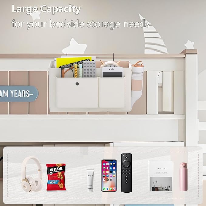 Bedside Caddy Bedside Organizer with Fixed Straps & Water Bottle Holder, Bunk Bed Caddy ideal for Home, Dorm, Hospital, Crib, Versatile Bedside Storage Solution (White 2pcs)