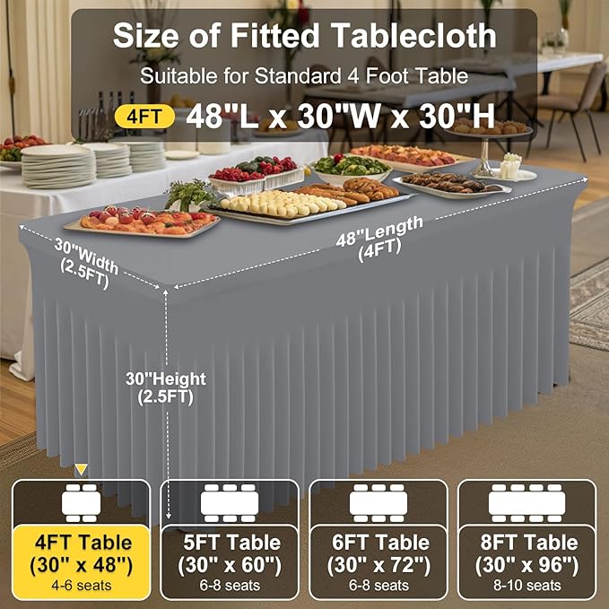 Smiry Spandex Tablecloth 2 Pack, Elastic Fitted Stretch Tablecloth for 4FT Rectangle Tables, Waterproof Washable Table Cover Skirt for Outdoor, Wedding, Banquet & Parties (Grey, 48Lx30Wx30H Inch)