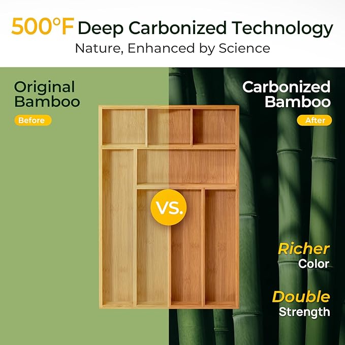 keechee Carbonized Bamboo Kitchen Drawer Organizer, 8 Slots Silverware Organizer, Utensil Holder & Cutlery Tray, 2.2" Deep for Extra Capacity, Non-Slip Feet Included