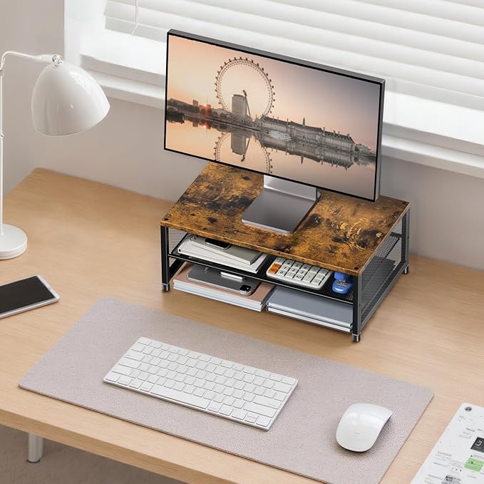 2-Tier Computer Monitor Stand Riser, Desk Organizer for Monitor, Printer & Laptop Stand, Desktop Workspace Organizers for Office Supplies(Brown)