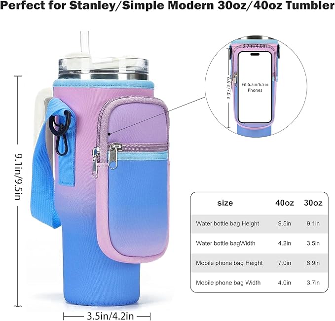 GOEWY Water Bottle Carrier Bag for Stanley 40/30 oz Tumbler with Phone Pocket Neoprene Water Bottle Holder with Shoulder & Handheld Strap Stanley Cup Accessories