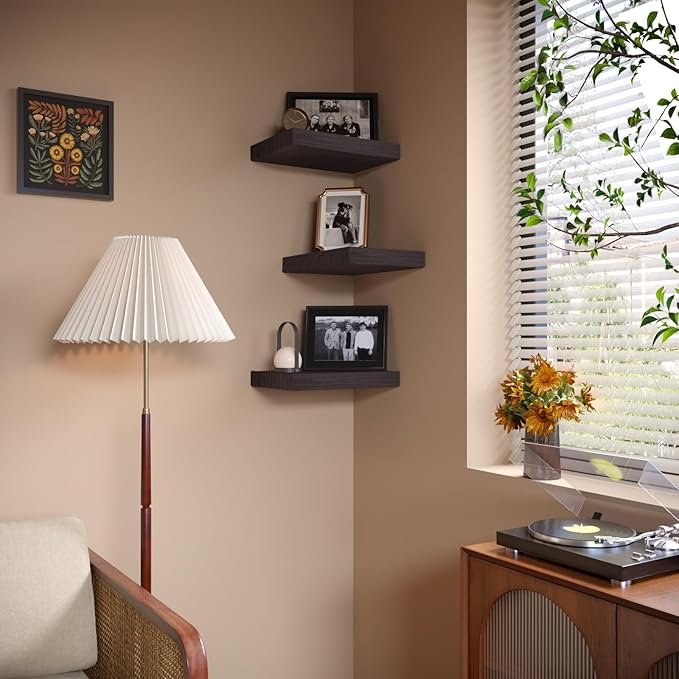 Small Floating Shelves for Wall - 12 x 9 Inch Rustic Brown Shelves for Bedroom, Living Room, Bathroom, Kitchen, Office Decor Set of 3