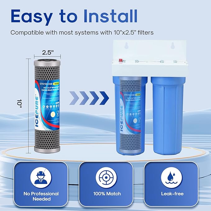 ICEPURE 1 Micron 10" x 2.5" Whole House Upgraded Coconut Shell Activated Water Filter Lead Remove Filter Cartridge Replacement for WFPFC8002, SCWH-5, WHCF-WHWC, FXWTC, CTO10-CQB, RO Unit, 3PACK