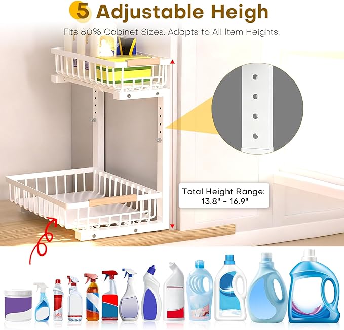ZELOREA Under Sink Organizer, 2-Tier Pull-Out Under-Sink Shelves, Adjustable Height (13.8" -16.9"), Sturdy Metal Storage Organizer for Bathroom Kitchen Pantry Cabinet (2 Packs, White)