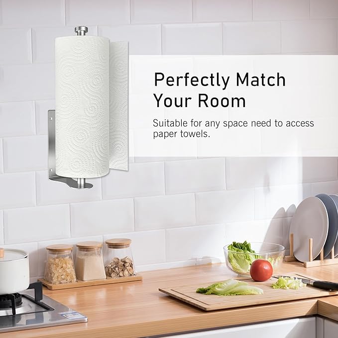 SetSail Paper Towel Holder, Paper Towel Holder Under Cabinet with Adjustable Damper Easy Tear Wall Mount Self-Adhesive or Drilled for Kitchen Bathroom, Silver