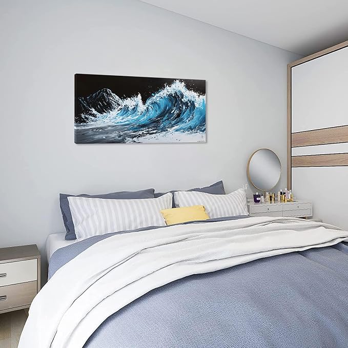 ZESTRILIA Waves Wall Art Blue Sea Oil Painting Reproduction Print Modern Wave Abstract Canvas Paintings Waterproof Artwork Picture for Living Room Bedroom Home Office Kitchen Décor (23x46inch)