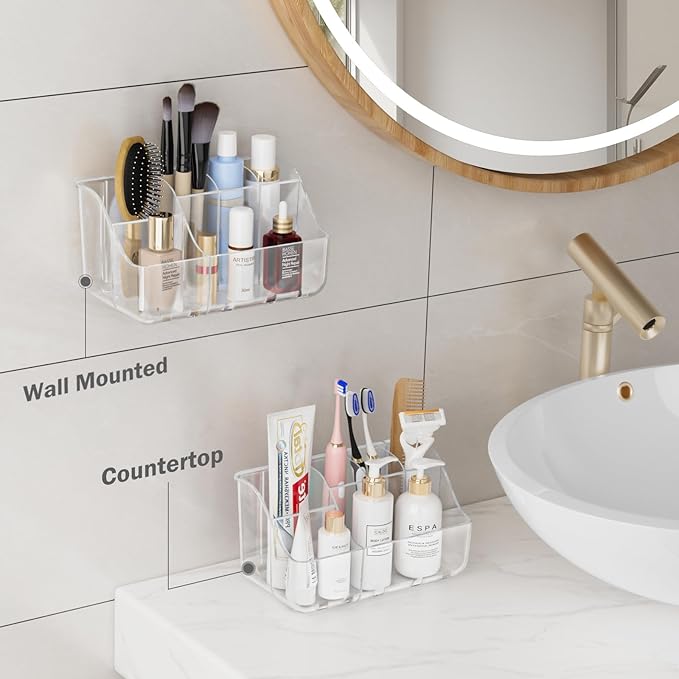 2-Pack Clear Toothbrush Holders for Bathroom Organizers and Storage, Wall-Mounted Tooth Brush Holder and Toothpaste Holder for Bathroom Wall, Countertop - Bathroom Accessories