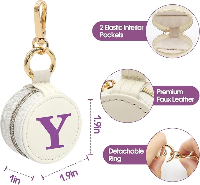 Mini Initial Travel Jewelry Case Ring Holder, Beige Faux Leather Small Jewelry Organizer Box Gifts for Women Girls Nurse Teacher, Gym Travel Accessories Keychain Pouch for Earrings Rings Necklace Y