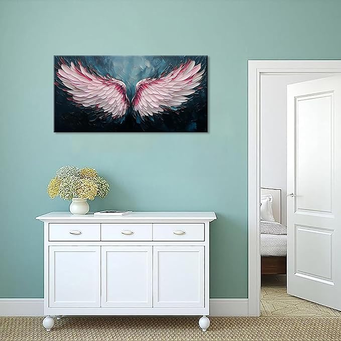 ZESTRILIA Angel Wings Wall Art for Girls Room Pink Navy Blue Canvas Oil Painting Prints Modern Abstract Fantasy Anime Artwork Living Bedroom Office Decor (40x20 Inches)
