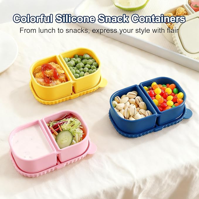 RAYBIN 3 Pack Silicone Reusable Snack Containers with Lids, 2 Compartments Leak-Proof Snackle Box Containers,Portable Silicone Food Storage Box for School,Office,Picnic - BPA Free (Blue, Yellow, Pink)
