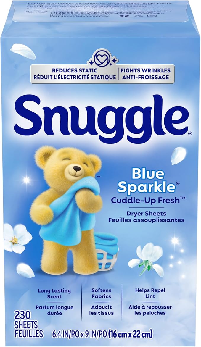 Snuggle Fabric Softener Dryer Sheets, Long-Lasting Fresh & Clean Scent, Softens Fabric, Reduces Static, Fights Wrinkles, Helps Repel Lint & Pet Hair, HE Safe, Blue Sparkle Cuddle-Up Fresh, 230 Ct