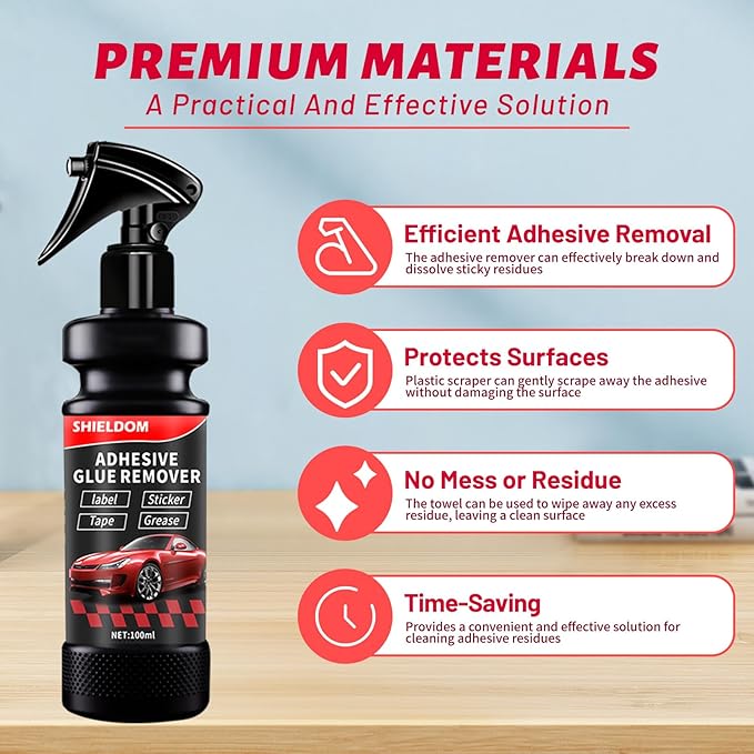 SHIELDOM Adhesive Remover, Dissolve & Soften Adhesives on Car Glass & Paint, Easily Remove Glue Sticker Labels Decals Tape Residue, Portable Spray Removal Set with Scraper, Spatula, Towel -3.4oz/100ml