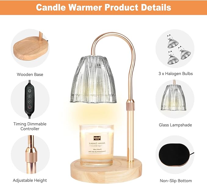 Candle Warmer Lamp with Timer & Dimmer, Candle Warmer Height Adjustable, Fits All Jar Scented Candles, Candle Lamp with 3 Bulbs, Charming Gift for Home Decor