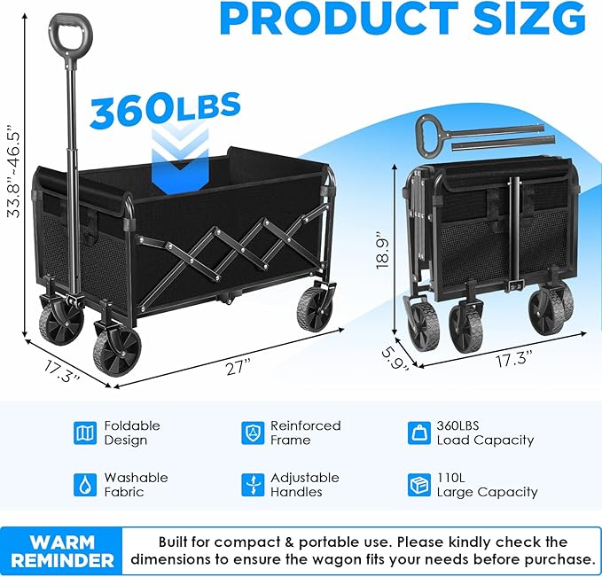 Wagons Carts Foldable, Collapsible Wagon with Wheels, 360LBS Folding Grocery Wagon Cart for Grocery, Camping, Shopping, Garden, Sports