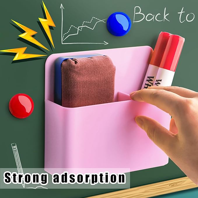2 Pcs Magnetic Marker Holder Dry Erase Marker Holder Wall Mount Self Adhesive Pen Holder Magnetic Marker Cup Holders for Whiteboard, Fridge, Home Office School (Pink)