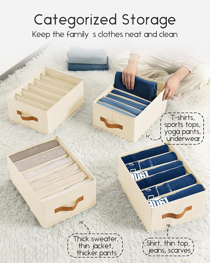 Closet Organizers and Storage - Fabric Clothes Organizer with Handles, Foldable Jeans Organizer for Clothes, Drawer Organizer for Shirts, Bra, Sweater, Scarf, 8 Pack, Beige
