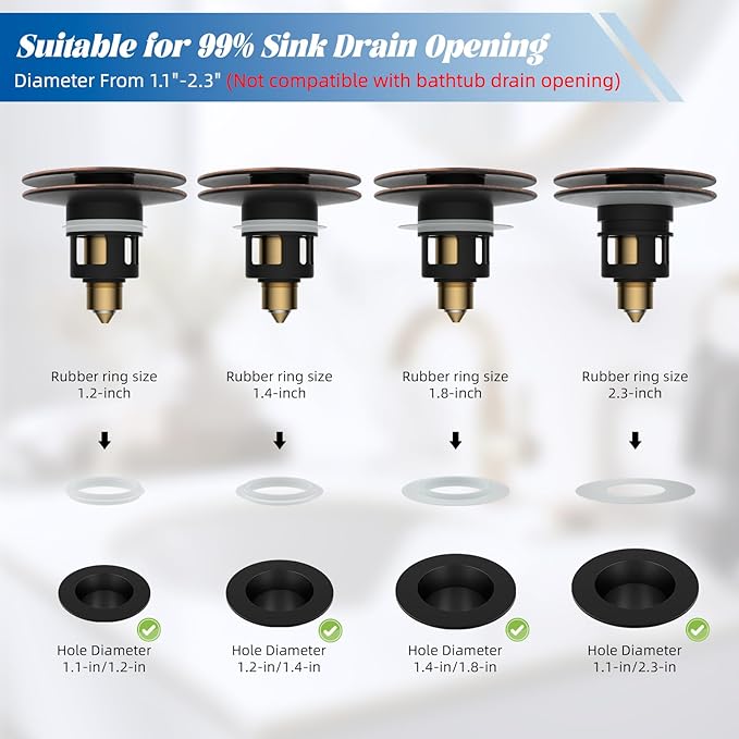 Hibbent 2 Pack All Metal Upgraded Bathroom Sink Stopper, Universal Pop Up Sink Drain Strainer, Brass Bullet Core Push Type Stopper for 1.1''~2.3''' Basin, Anti Clogging Filter, Oil-Rubbed Bronze
