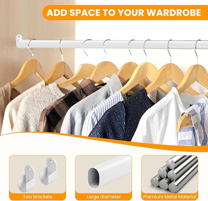 Oval Closet Rod for Hanging Clothes Adjustable Closet Rods 18 to 75 Inch Heavy Duty White Poles Bar Closet Rod Expandable for Wardrobes Laundry RV