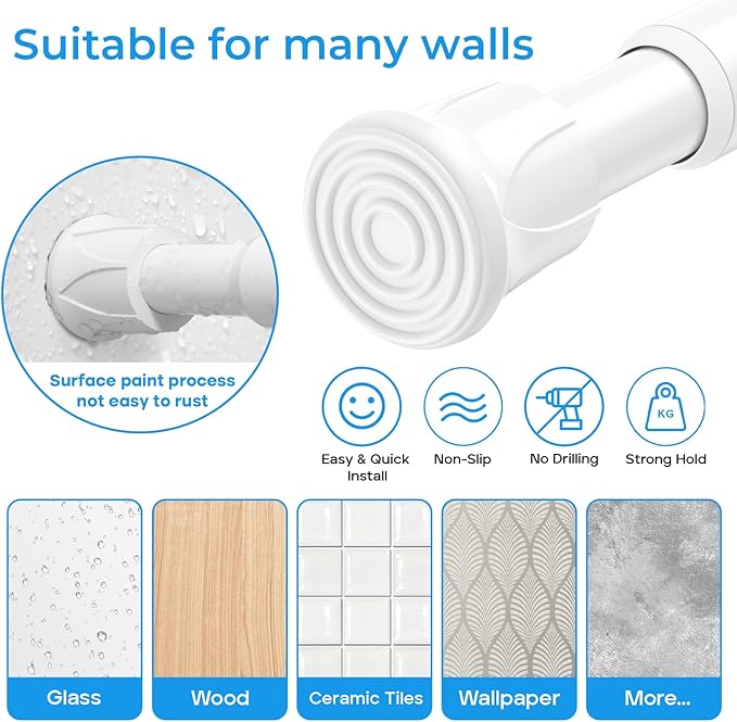 Tension Rod 28 to 48 inch, Adjustable Curtain Rods No Drilling Spring Rods Extendable Pressure DIY Tension Rod for Window Closet Kitchen, White