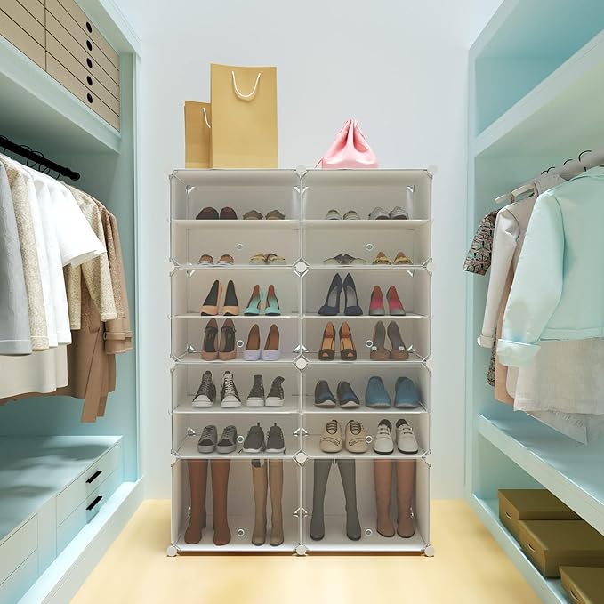 HOMICKER Shoe Rack Organizer, 32 Pair Shoe Storage Cabinet with Door Expandable Plastic Shoe Shelves for Closet, Entryway, Hallway, Bedroom