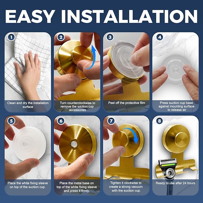 Suction Cup Razor Holder for Shower,Heavy-Duty 7KG Suction Hooks for Razor,Towel,Loofah,Removable Damage-Free Metal Shower Hook,Shaver Holder,2 Pack(Brushed Gold)