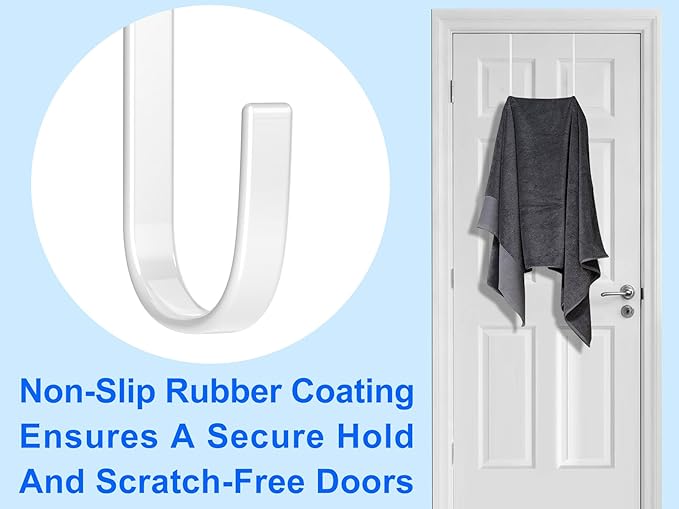 Over The Door Metal Hooks with Plastic Coating 10" Fit 0.5" to 1 3/8" Door 4 Pcs Heavy Duty Single Towel Robe Rack Wreath Bathroom Shower Hanger Shoe Organizer Ironing Board Long White