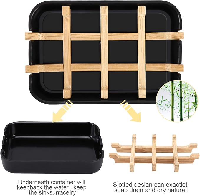 Bamboo Wooden Soap Dishes for Bathroom Bar Soap Holder Shower Soap Holder Sink Deck Bathtub Shower Tray (Two Pieces Black)