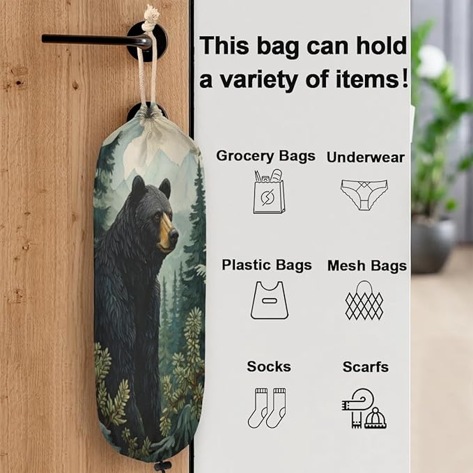 Sabokido Forest Bear Plastic Bag Holder Green Tree Grocery Bag Storage Dispenser Washable Hanging Shopping Bags Carrier Reusable Wall Mount Trash Bag Organizer for Kitchen Pantry