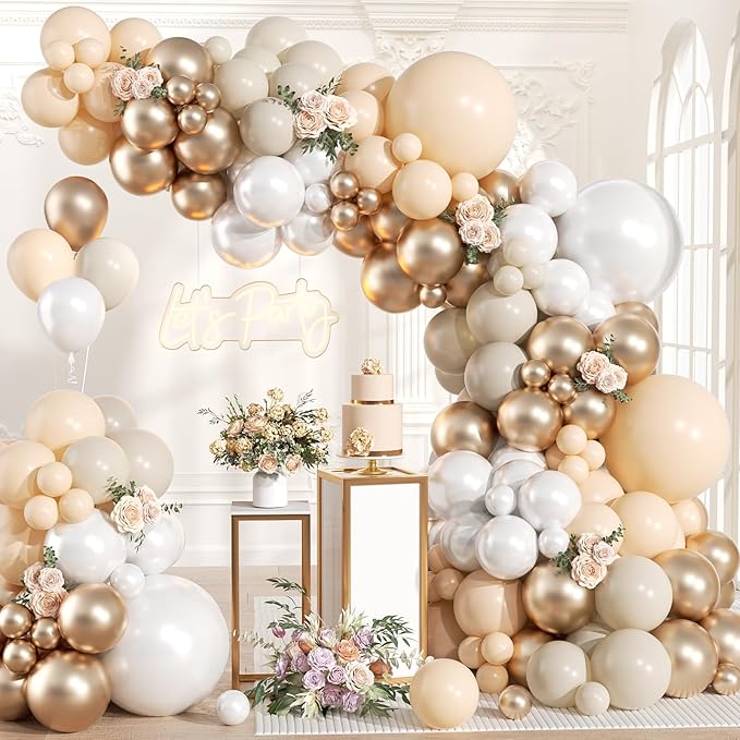 KARLURE Champagne Gold Balloon Garland Arch Kit, Pearl White Sand Nude Champagne Gold Balloons for Engagement Wedding Bridal Shower Birthday Baby Shower Anniversary Party Decorations