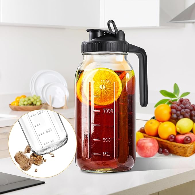 64oz Glass Pitcher with Lid, 2 Quart Mason Jar Pitchers with Lid and Spout, Wide Mouth Breast Milk Pitcher Glass Jug Sun Tea Pitchers, Cold Brew Coffee pitcher, Fridge Container for Water, Juice, Tea