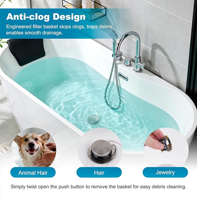 Hibbent 3 in 1 Metal Bathtub Drain Stopper, Universal Pop Up Tub Stopper, Bathtub Drain Hair Catcher, Removable Filter Basket, Drain Plug for 1.5''~2.4'' Drain, Brass Bullet Core, Brushed Nickel