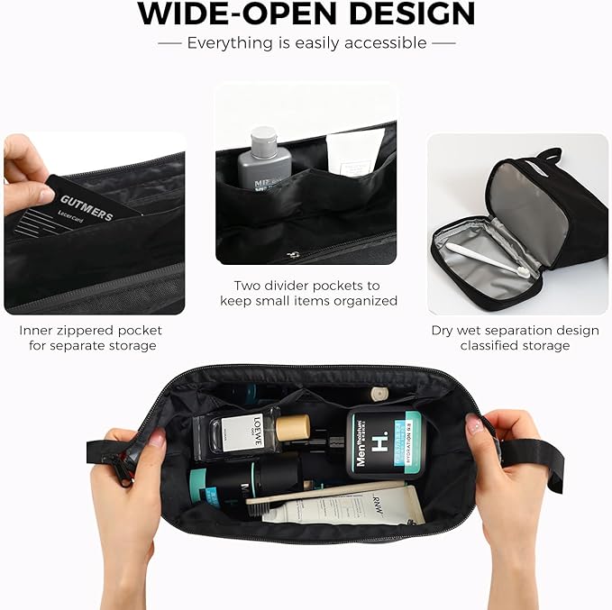 SINLAND Travel Toiletry Bag Water-resistant with Hanging Hook for Men Large Packing with Waterproof Wet/Dry Compartment Travel Shower Bags Travel Toiletry Organizer Dopp Kit Shaving Bag